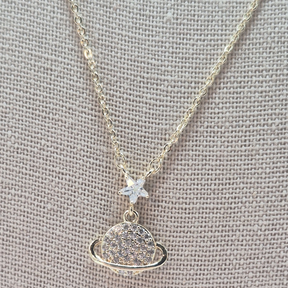 18k GF Saturn And Star Planet Pendant Necklace 16 Inches